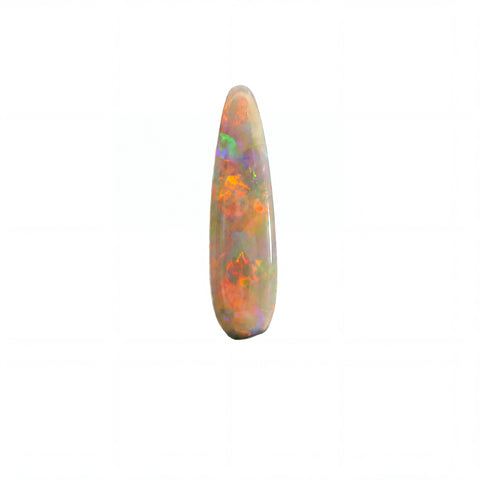 A teardrop-shaped cabochon opal gemstone displaying vibrant iridescent flashes of orange, green, blue, and purple on a white background.