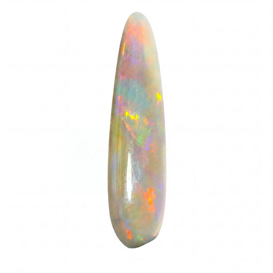 A teardrop-shaped white opal gemstone with vibrant flashes of orange, yellow, green, and blue iridescence, displayed on a clean white background.
