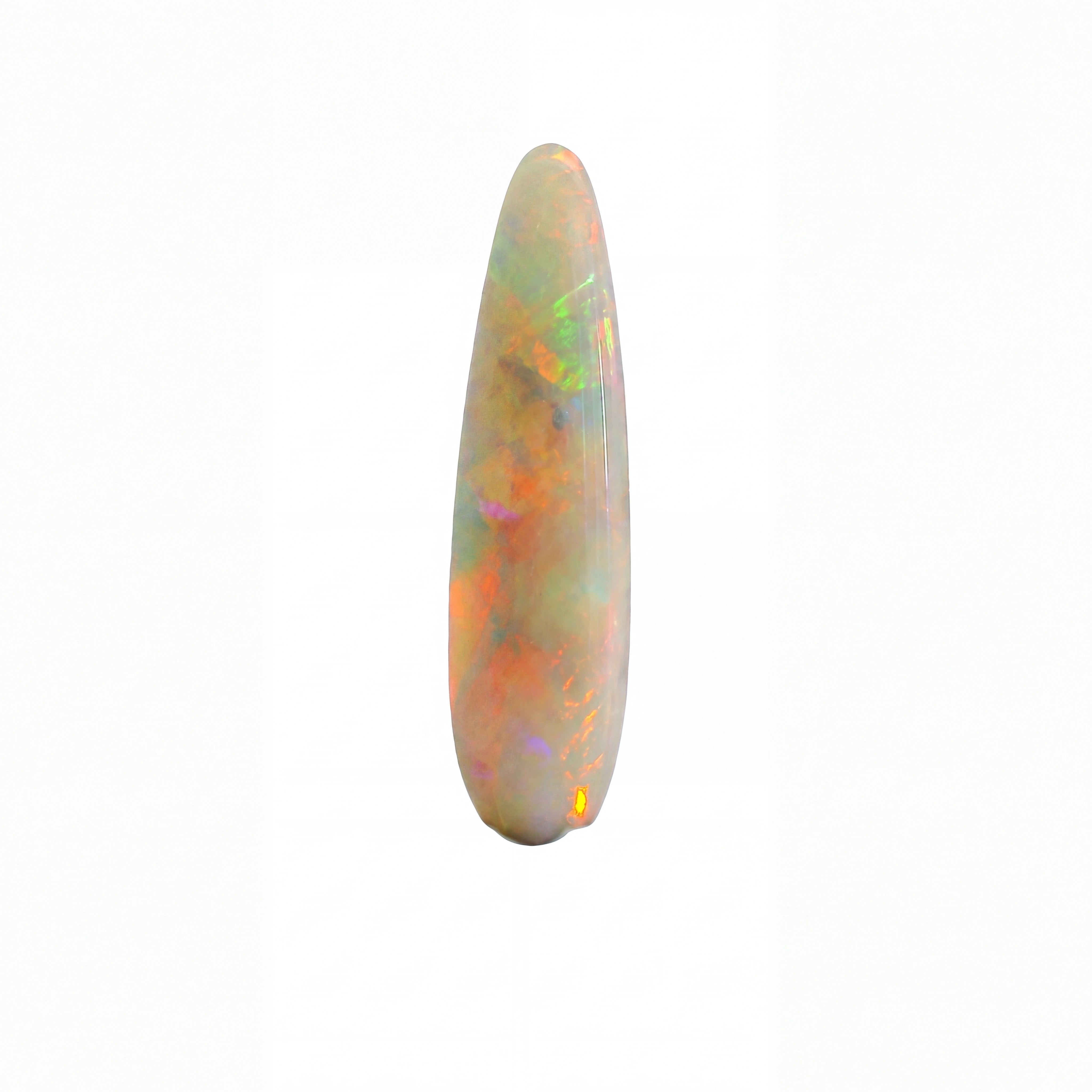 A teardrop-shaped cabochon opal gemstone displaying vibrant iridescent flashes of orange, green, yellow, and blue against a white background.