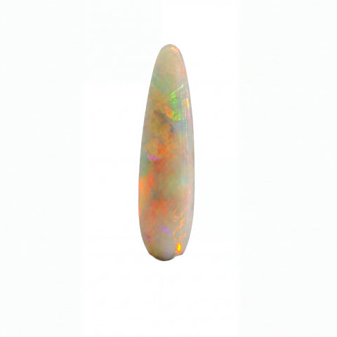 A teardrop-shaped cabochon opal gemstone displaying vibrant iridescent flashes of orange, green, yellow, and blue against a white background.