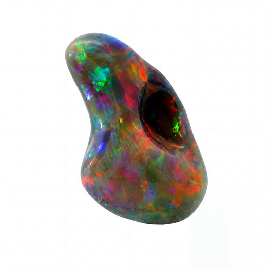 A polished, irregularly shaped opal gemstone displaying a vibrant play-of-colour with green, red, orange, blue, and purple flashes on a solid white background.
