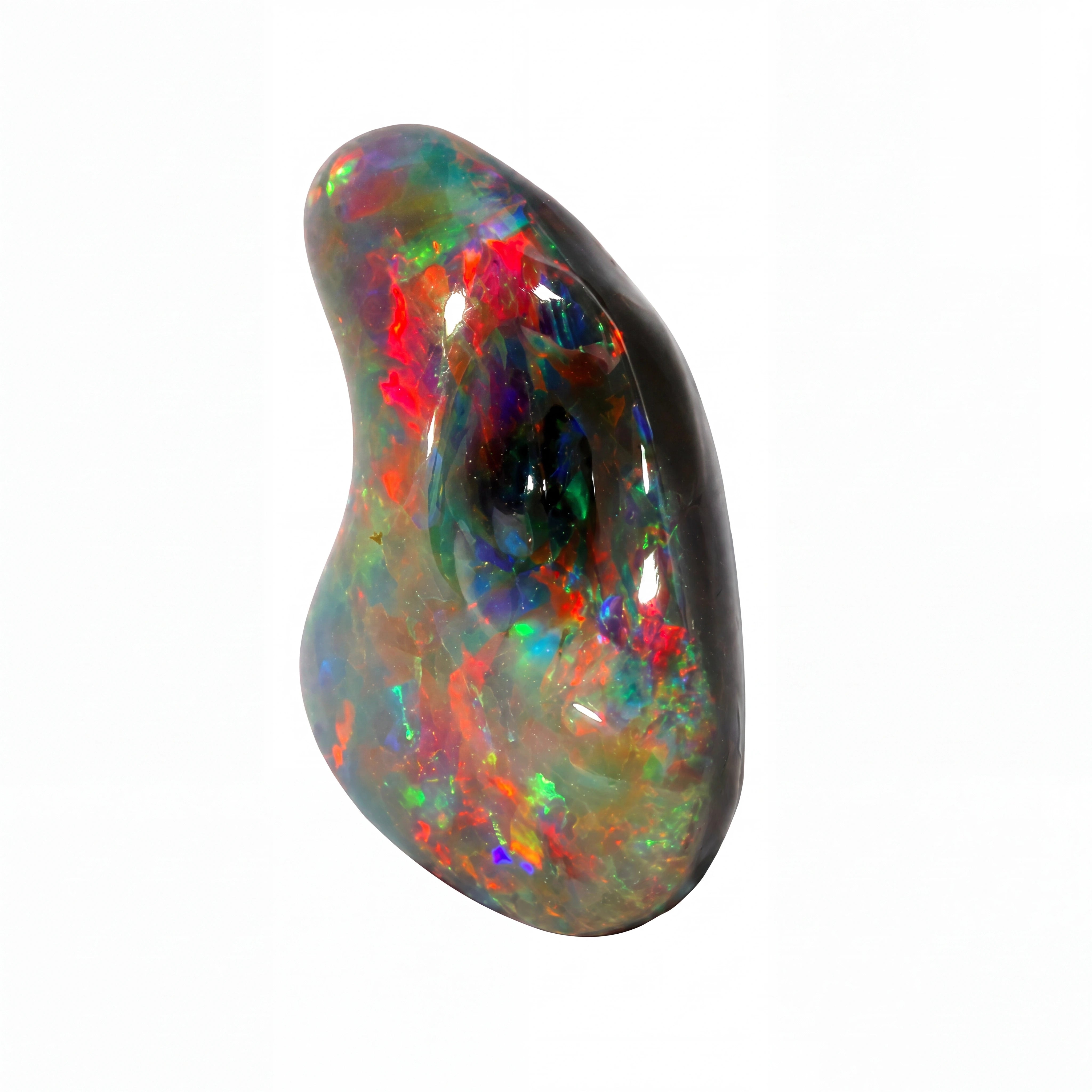 A polished teardrop-shaped opal gemstone displaying a vibrant play-of-colour with red, green, blue, and orange flashes against a dark base, set against a plain white background.
