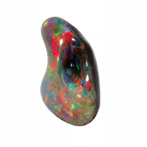 A polished teardrop-shaped opal gemstone displaying a vibrant play-of-colour with red, green, blue, and orange flashes against a dark base, set against a plain white background.