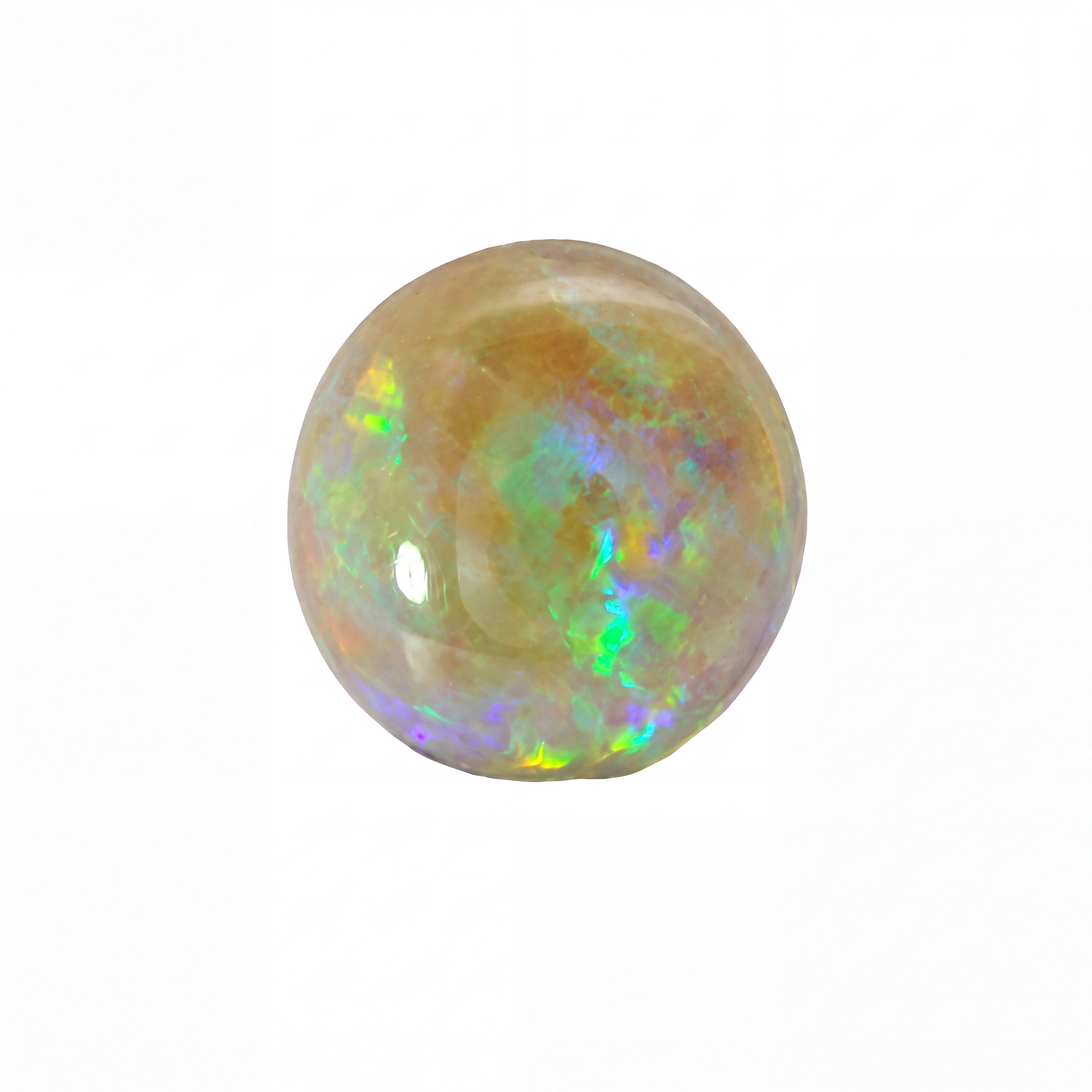 A round cabochon gemstone with a warm golden-brown base and vibrant iridescent flashes of green, blue, and purple, isolated on a white background.