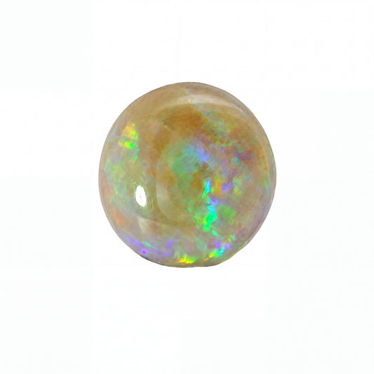 A round cabochon gemstone with a warm golden-brown base and vibrant iridescent flashes of green, blue, and purple, isolated on a white background.