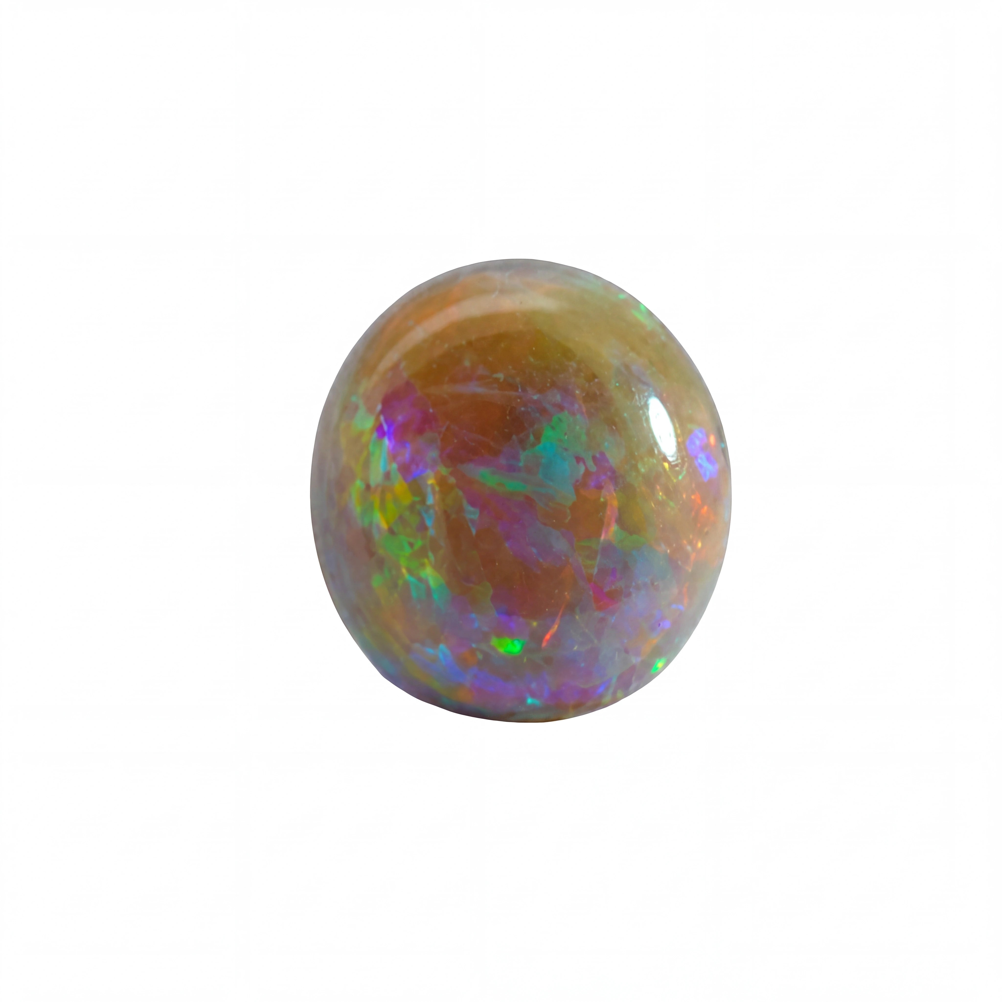 A polished round cabochon opal gemstone displaying a spectrum of iridescent colours including green, purple, orange, and blue over a warm brownish-gold base, isolated on a white background.