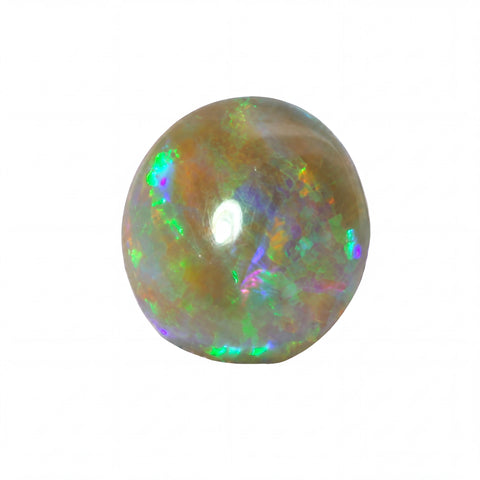A single round cabochon opal gemstone displaying a play-of-colour with green, blue, orange, and brown hues on a solid white background.