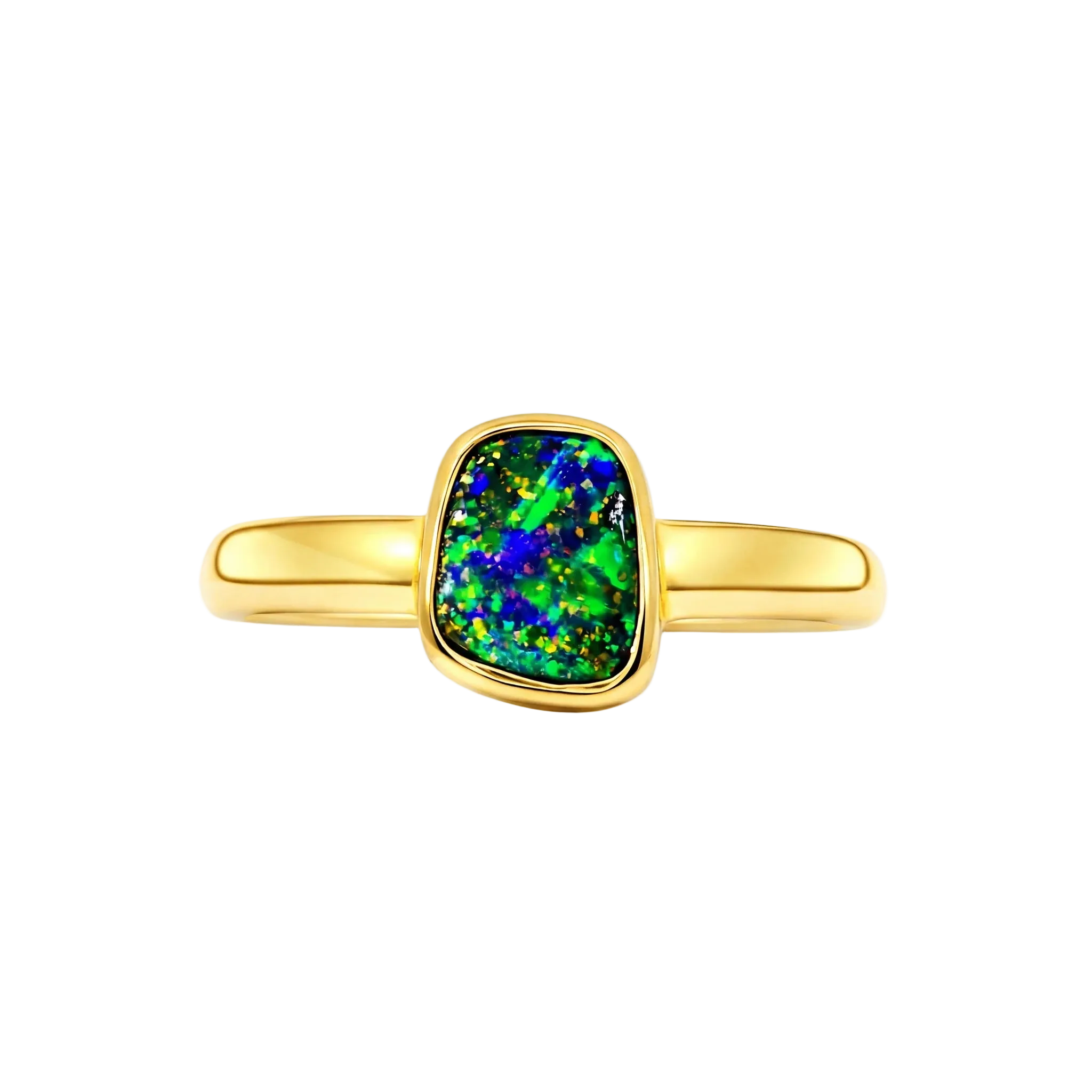 Boulder Opal Ring in 14K Yellow Gold (Green-Blue) - Australian Opal Cutters and Pearl Divers