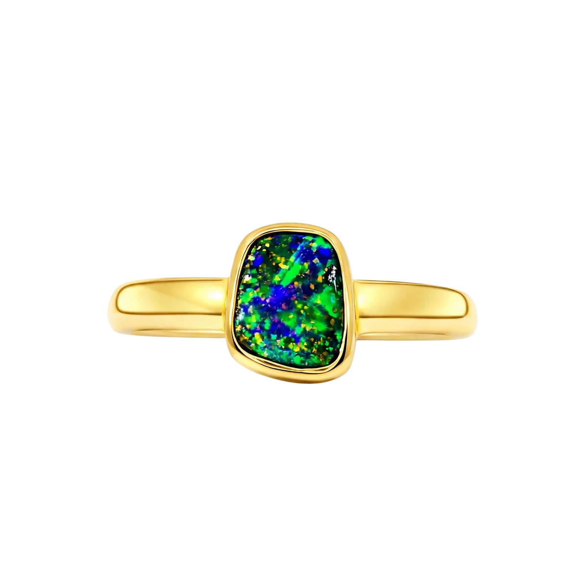 Boulder Opal Ring in 14K Yellow Gold (Green-Blue) - Australian Opal Cutters and Pearl Divers
