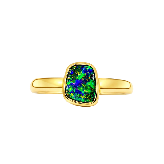 Boulder Opal Ring in 14K Yellow Gold (Green-Blue) - Australian Opal Cutters and Pearl Divers