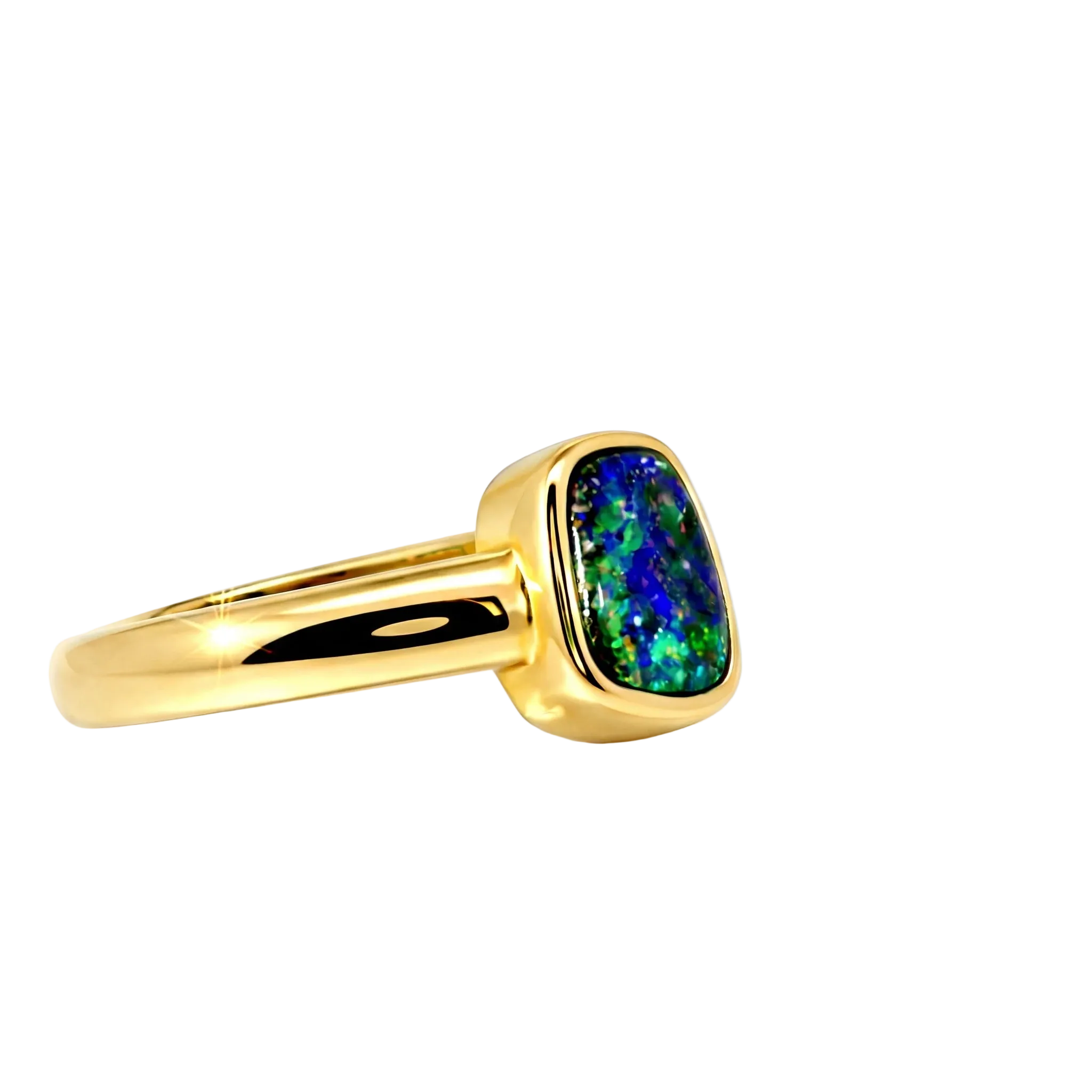 Boulder Opal Ring in 14K Yellow Gold (Green-Blue) - Australian Opal Cutters and Pearl Divers