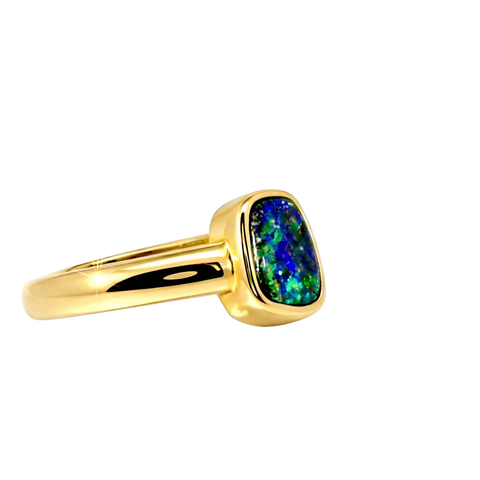 Boulder Opal Ring in 14K Yellow Gold (Green-Blue) - Australian Opal Cutters and Pearl Divers