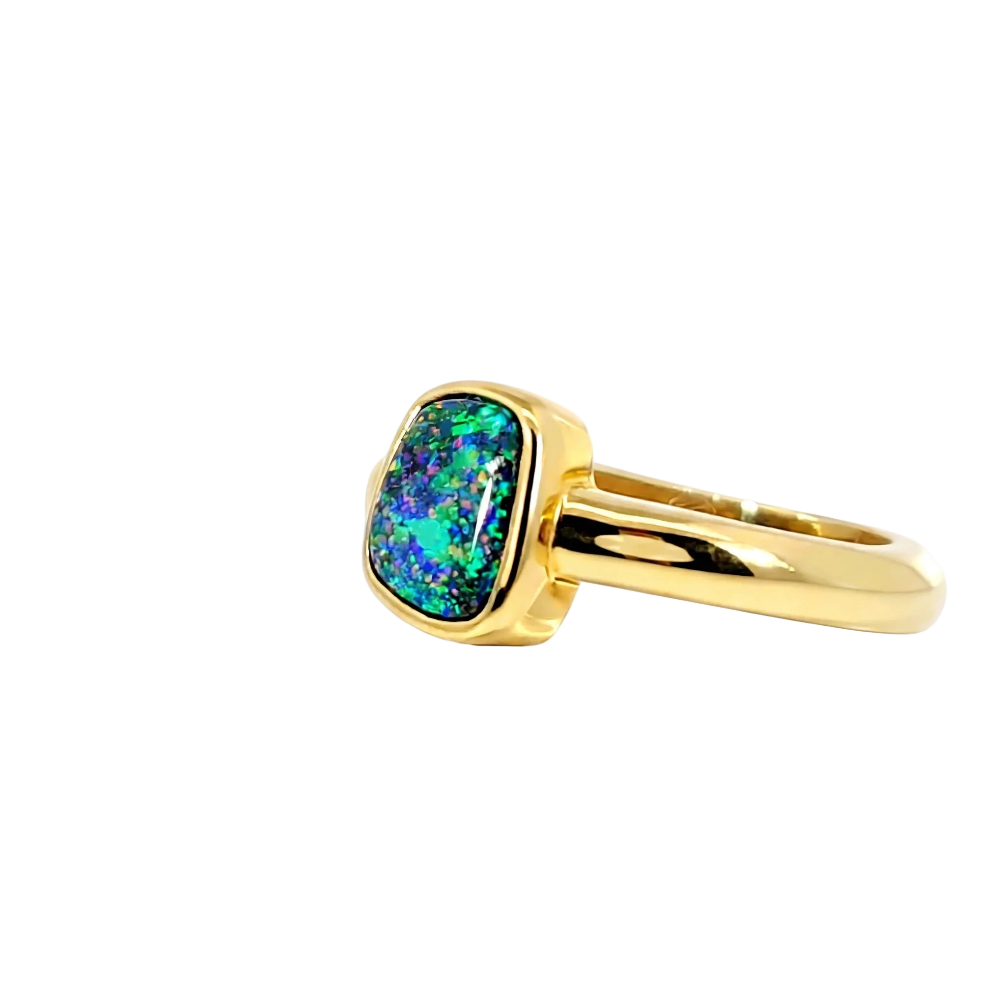 Boulder Opal Ring in 14K Yellow Gold (Green-Blue) - Australian Opal Cutters and Pearl Divers