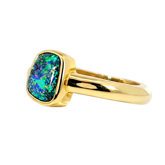 Boulder Opal Ring in 14K Yellow Gold (Green-Blue) - Australian Opal Cutters and Pearl Divers