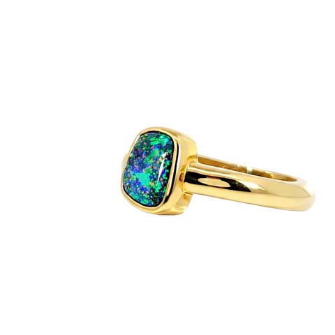 Boulder Opal Ring in 14K Yellow Gold (Green-Blue) - Australian Opal Cutters and Pearl Divers