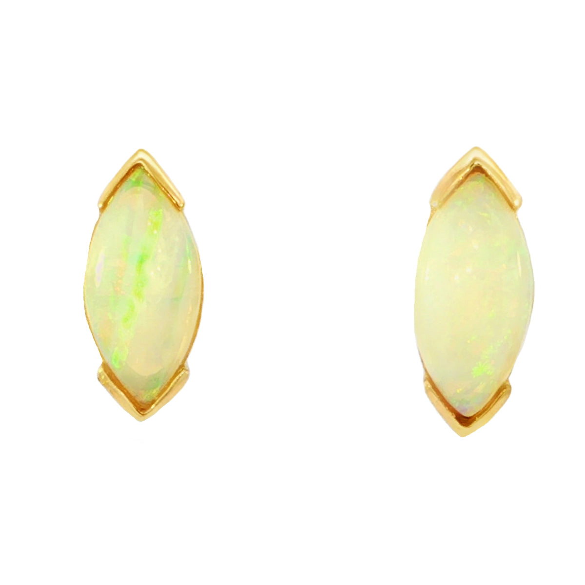 A pair of gold stud earrings featuring marquise-cut white opal gemstones with green and yellow flashes, set in gold prong settings against a plain white background.