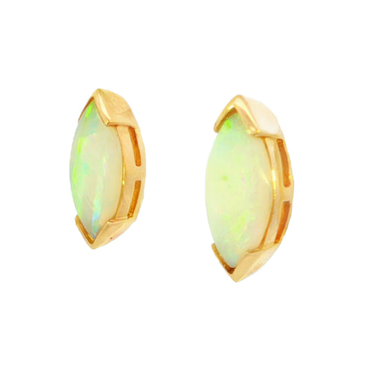 A pair of gold stud earrings featuring marquise-cut white opal gemstones in a prong setting, shown against a plain white background.