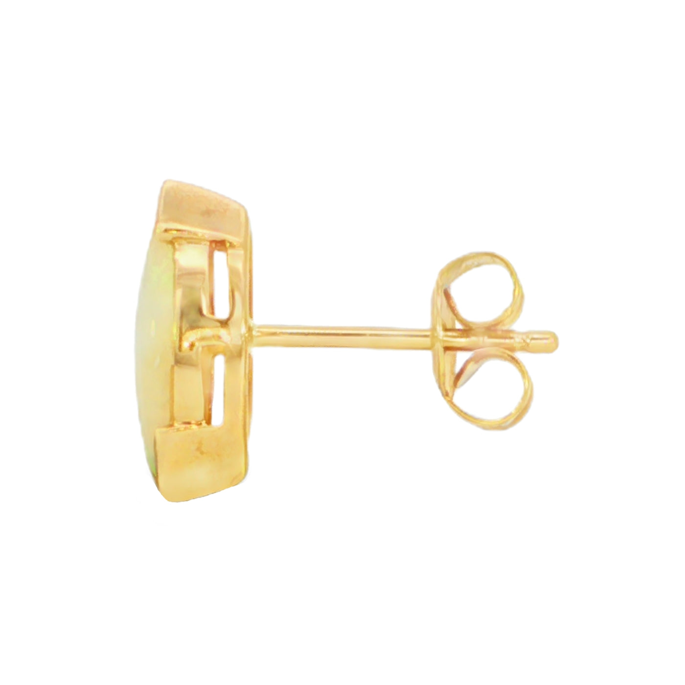 A single gold stud earring shown from a side profile view, featuring a bezel-set oval iridescent stone with a butterfly back.