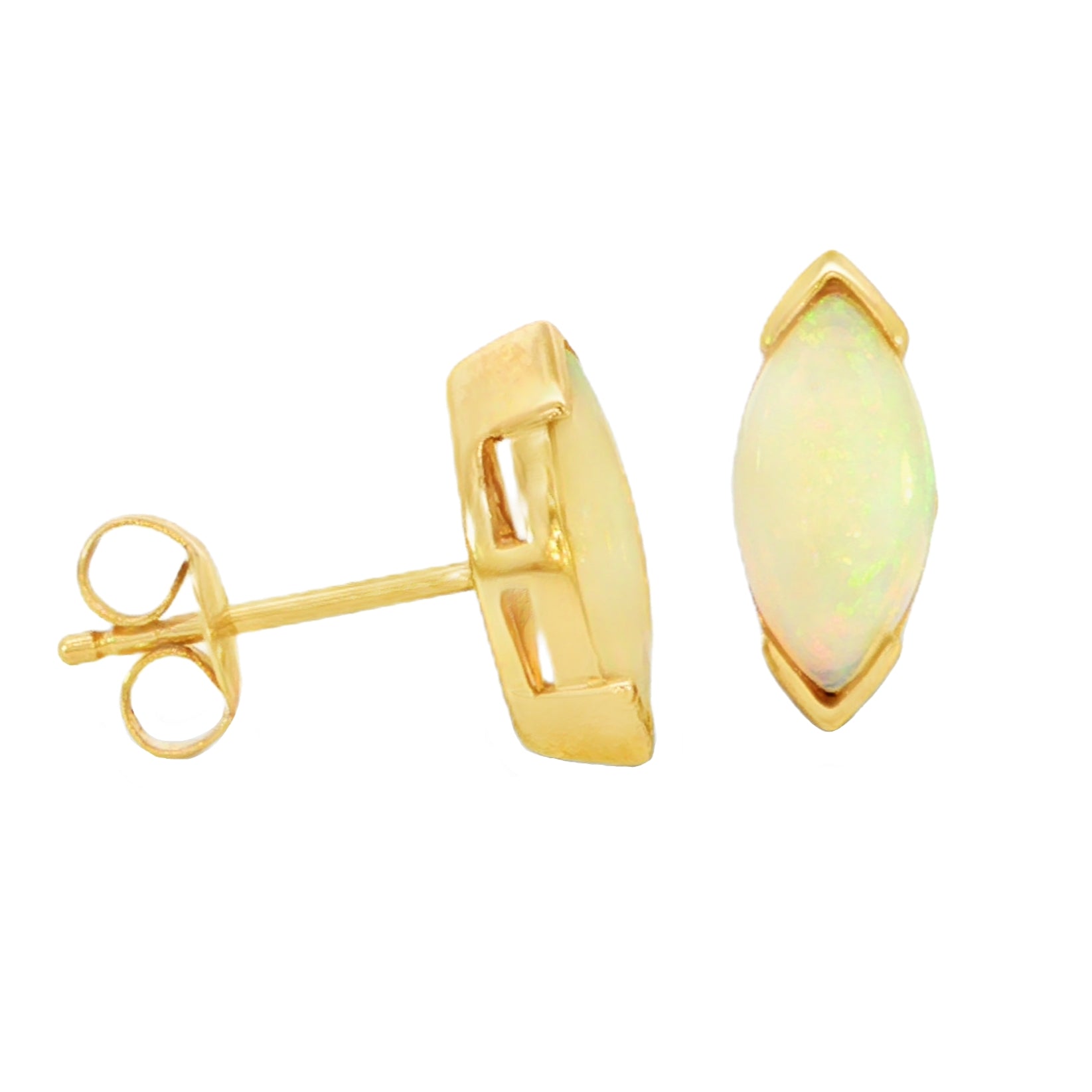 A pair of gold stud earrings featuring marquise-cut iridescent opal gemstones, shown on a plain white background with one earring facing forward and the other angled to show the side profile and post.