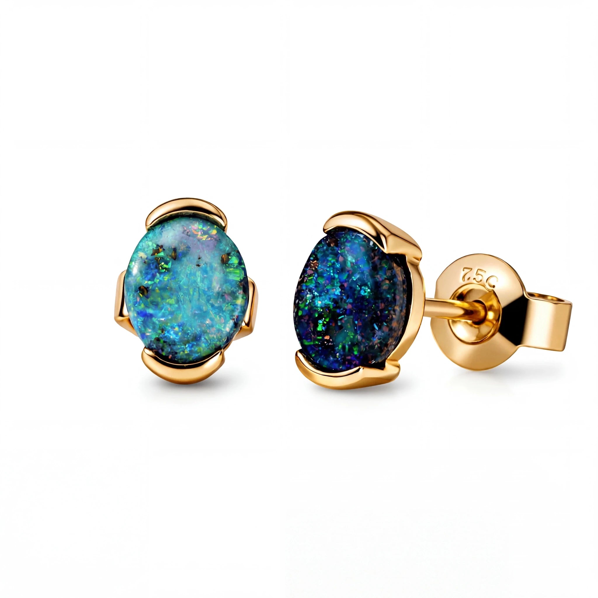 Boulder Opal Earrings in 14K Yellow Gold - Multicolour - Australian Opal Cutters and Pearl Divers