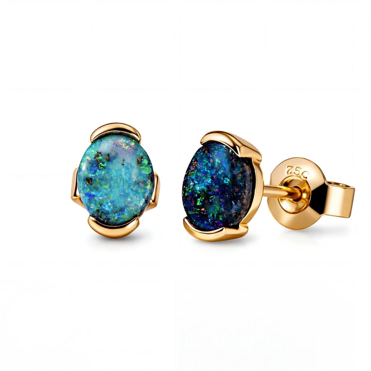 Boulder Opal Earrings in 14K Yellow Gold - Multicolour - Australian Opal Cutters and Pearl Divers