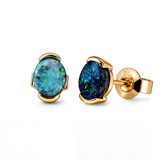 Boulder Opal Earrings in 14K Yellow Gold - Multicolour - Australian Opal Cutters and Pearl Divers