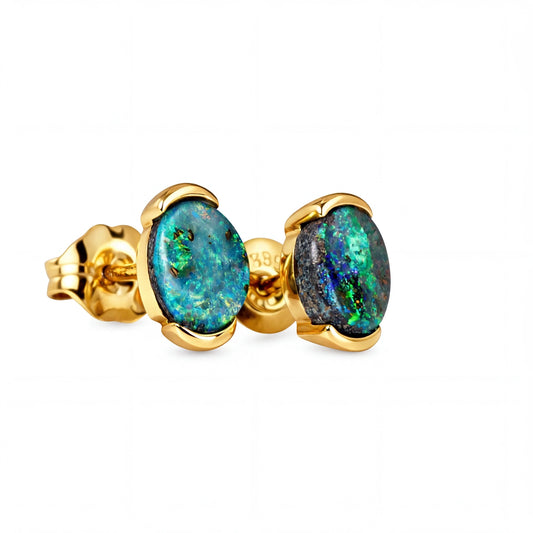 Boulder Opal Earrings in 14K Yellow Gold - Multicolour - Australian Opal Cutters and Pearl Divers