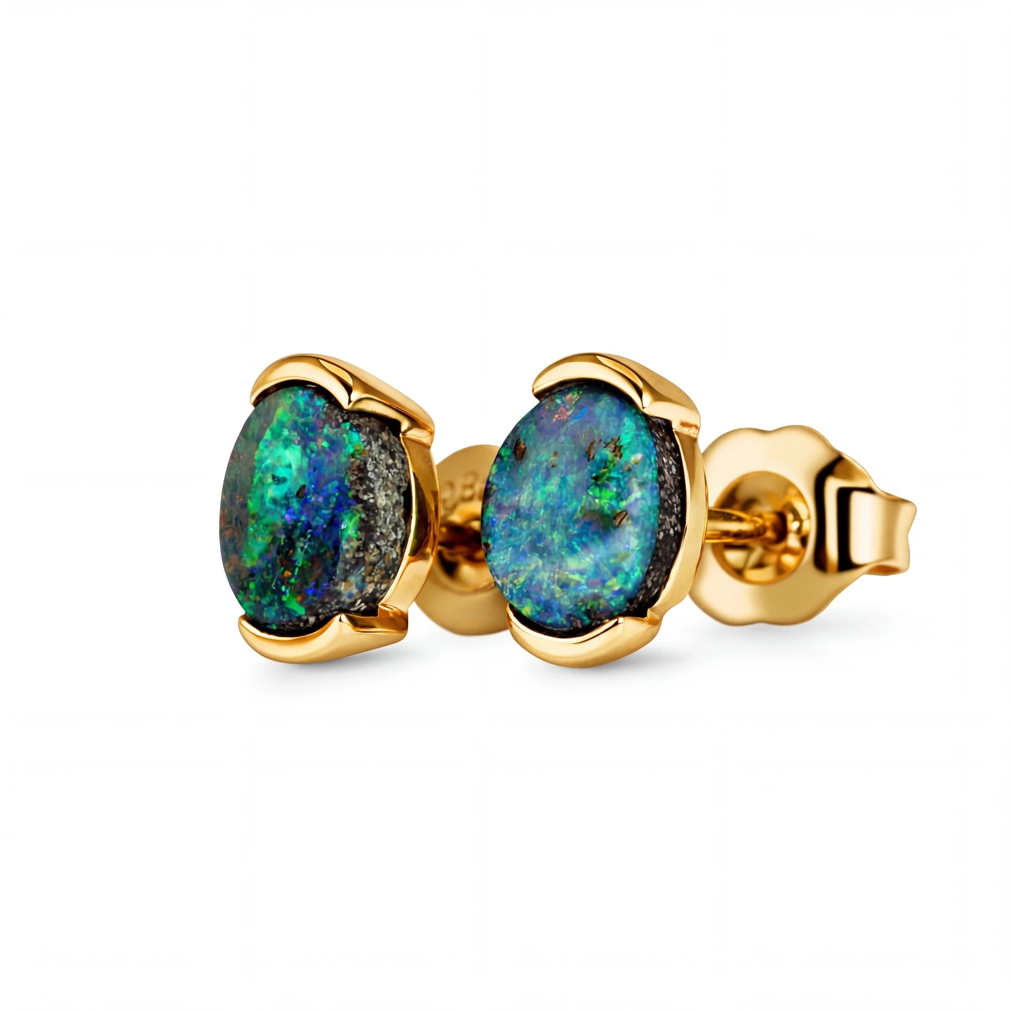 Boulder Opal Earrings in 14K Yellow Gold - Multicolour - Australian Opal Cutters and Pearl Divers