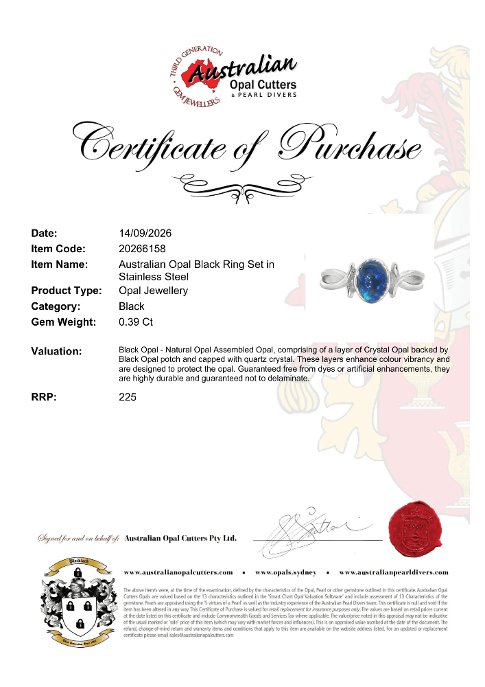 Black Opal Ring in Stainless Steel - Green-Blue - Australian Opal Cutters and Pearl Divers