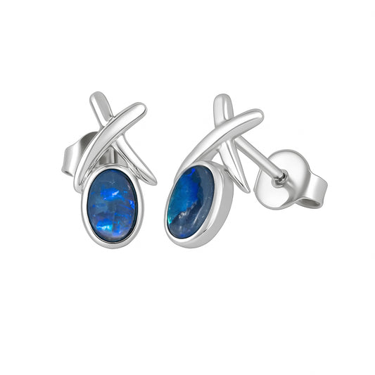 Black Opal Earrings in 925 Sterling Silver - Green-Blue