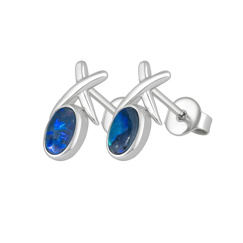 Black Opal Earrings in 925 Sterling Silver - Green-Blue