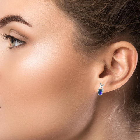 Black Opal Earrings in 925 Sterling Silver - Green-Blue