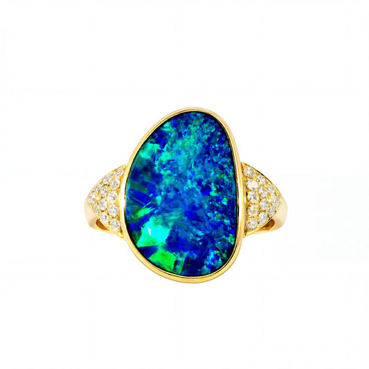 Doublet Opal Men's Ring in 14K Yellow Gold - Green-Blue - Australian Opal Cutters and Pearl Divers