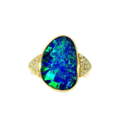 Doublet Opal Men's Ring in 14K Yellow Gold - Green-Blue