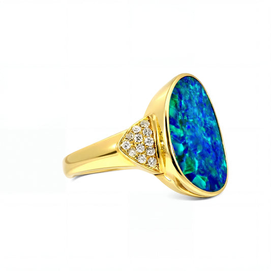 Doublet Opal Men's Ring in 14K Yellow Gold - Green-Blue