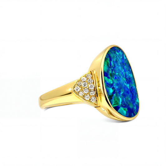 Doublet Opal Men's Ring in 14K Yellow Gold - Green-Blue - Australian Opal Cutters and Pearl Divers