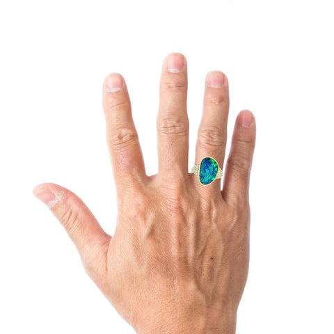 Doublet Opal Men's Ring in 14K Yellow Gold - Green-Blue