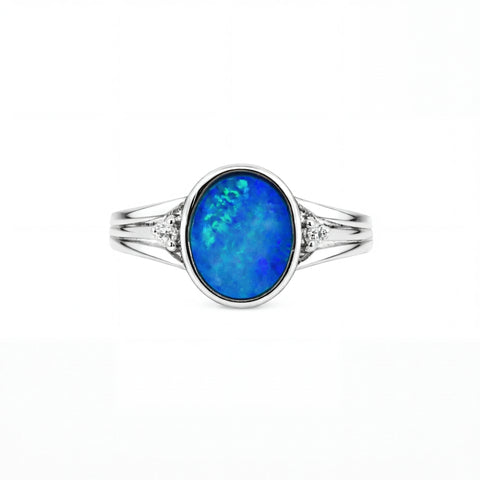 Doublet Opal Ring in 925 Sterling Silver - Green-Blue
