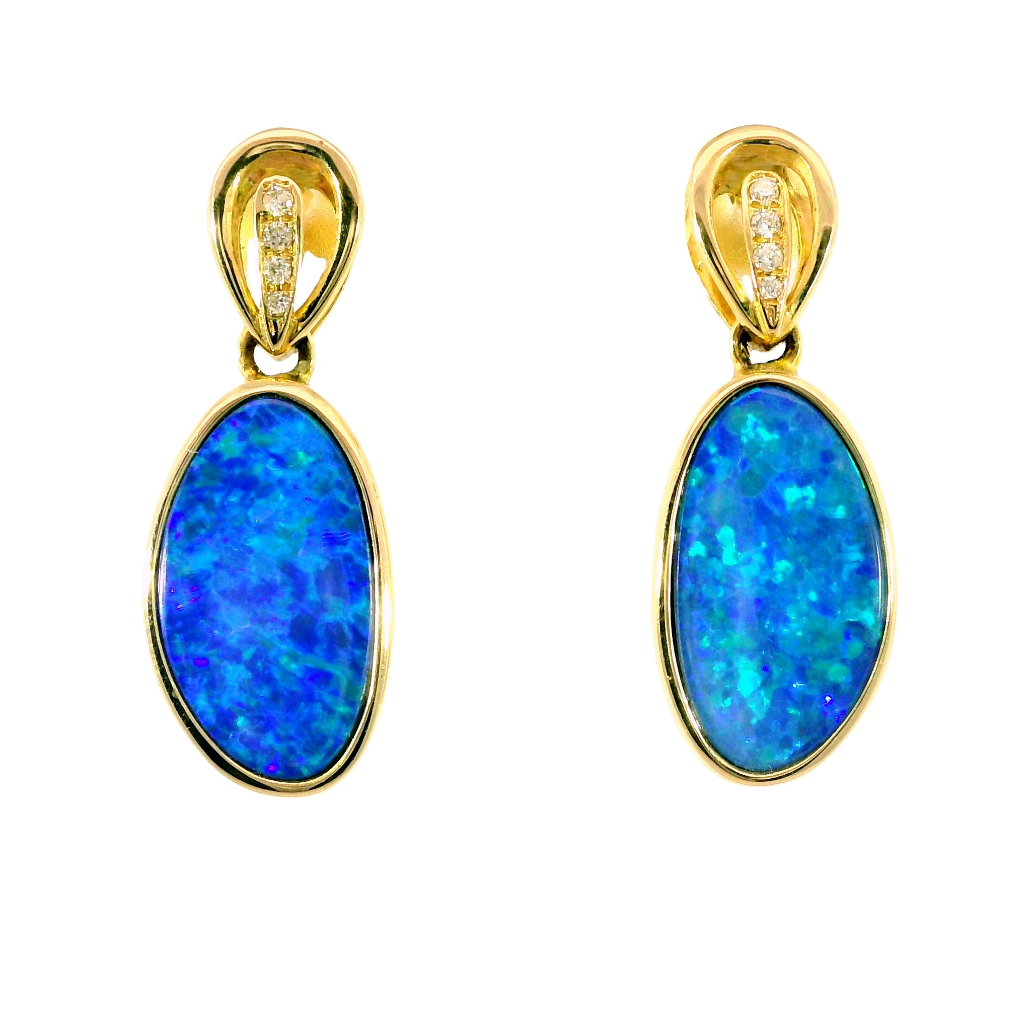 Doublet Opal Earrings in 14K Yellow Gold (Green-Blue)