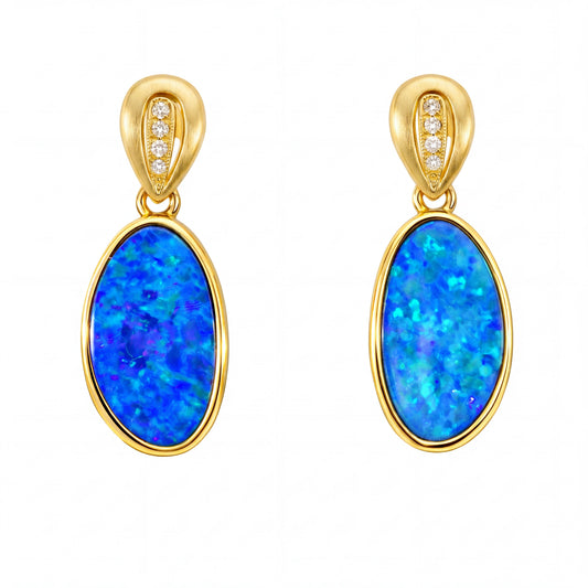 Doublet Opal Earrings in 14K Yellow Gold (Green-Blue)