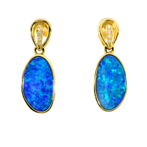 Doublet Opal Earrings in 14K Yellow Gold (Green-Blue)