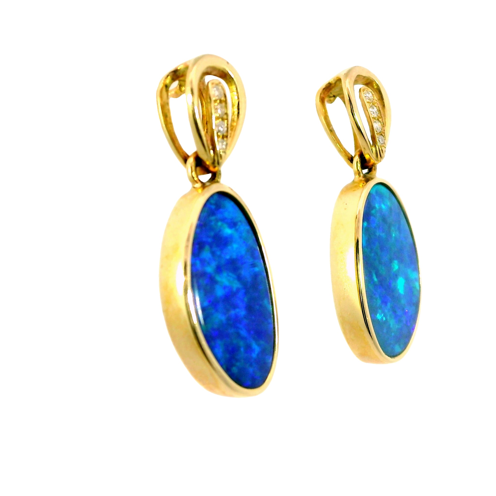 Doublet Opal Earrings in 14K Yellow Gold (Green-Blue)