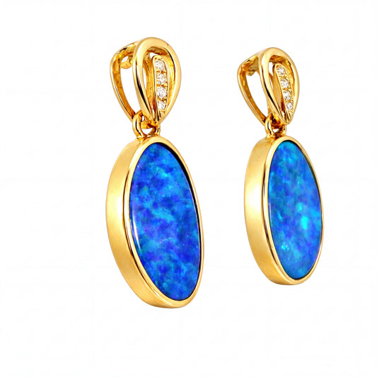 Doublet Opal Earrings in 14K Yellow Gold (Green-Blue)