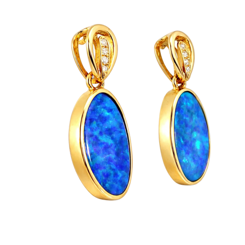 Doublet Opal Earrings in 14K Yellow Gold (Green-Blue) - Australian Opal Cutters and Pearl Divers