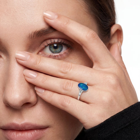 Doublet Opal Ring in 925 Sterling Silver - Green-Blue