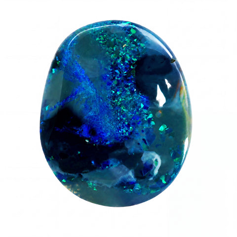 A polished teardrop-shaped cabochon gemstone featuring a swirling pattern of deep blue, teal, and black with shimmering iridescent glitter, set against a plain white background.