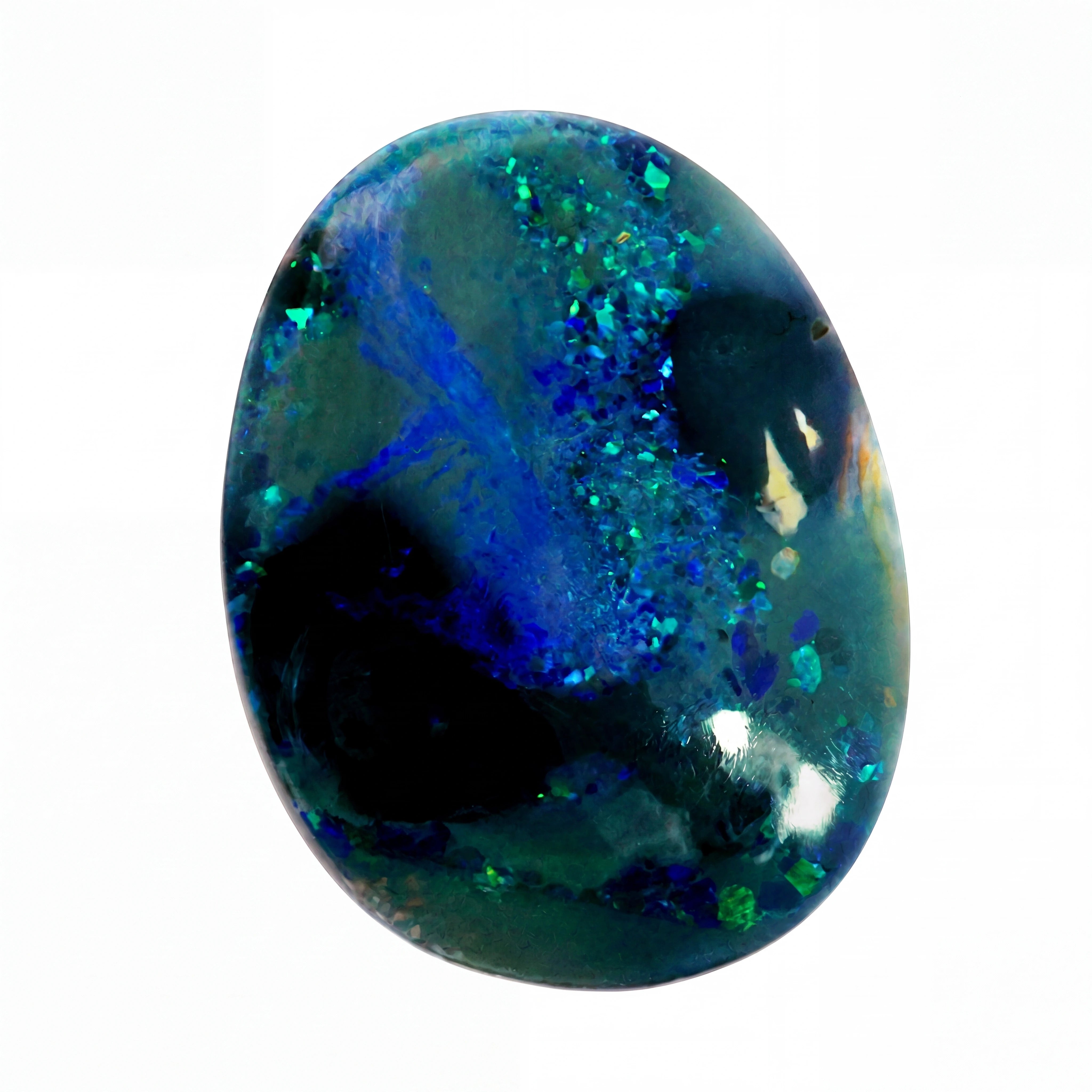 A polished oval cabochon gemstone featuring a marbled pattern of vibrant blue, teal, and deep black, with sparkling inclusions, set against a plain white background.