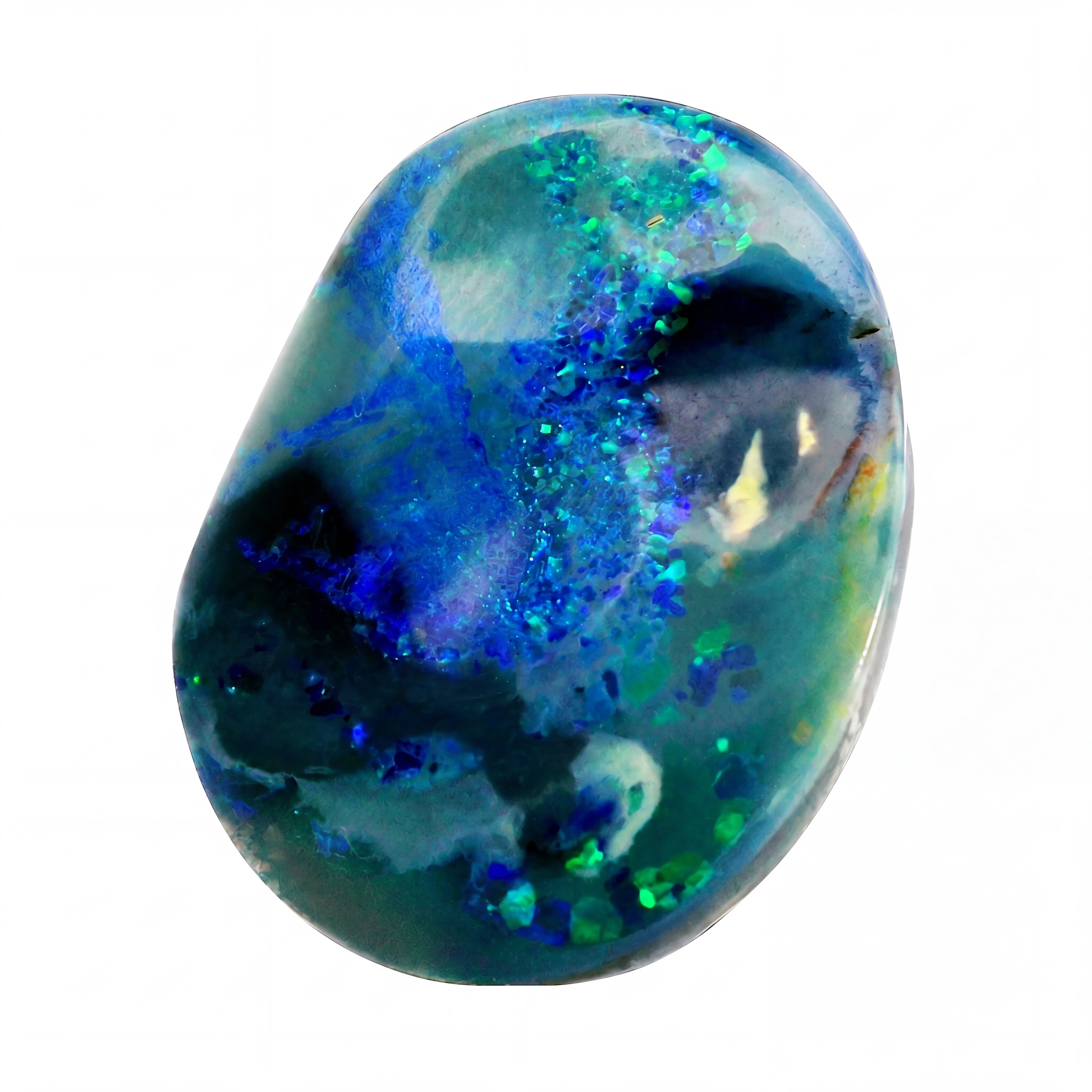 A polished teardrop-shaped opal gemstone featuring vibrant blue, green, and black iridescent patterns on a solid white background.