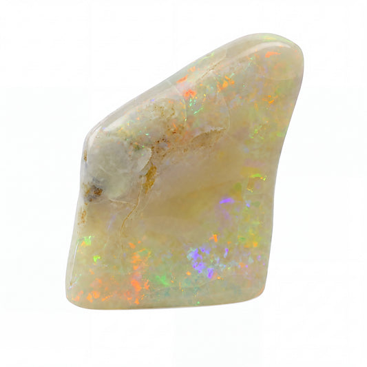 A polished natural opal stone with a smooth, irregular shape, displaying a creamy off-white base with vibrant, shifting iridescent flashes of orange, green, purple, and blue on a solid white background.
