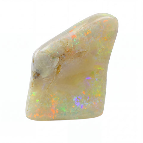 A polished natural opal stone with a smooth, irregular shape, displaying a creamy off-white base with vibrant, shifting iridescent flashes of orange, green, purple, and blue on a solid white background.